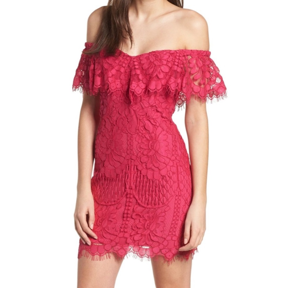 WAYF Pink Lace Off the shoulder mini dress